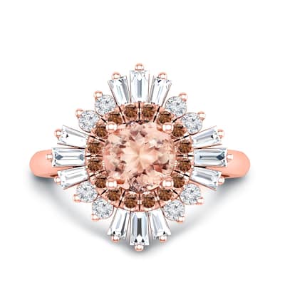 Auriya 14k Rose Gold Vintage Ballerina 1ct Morganite and 1ct Baguette Halo Diamond Engagement Ring