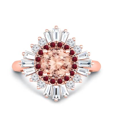 Round 1ct Pink Morganite and 5/8ct Baguette Diamond Ballerina Engagement Ring with Ruby Accents in 14k Rose Gold by Auriya