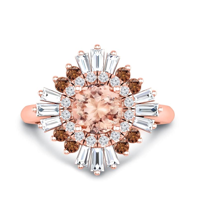 Auriya 14k Rose Gold Vintage Ballerina 1ct Morganite and 1ct Baguette Halo Diamond Engagement Ring