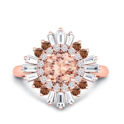 Auriya 14k Rose Gold Vintage Ballerina 1ct Morganite and 1ct Baguette Halo Diamond Engagement Ring