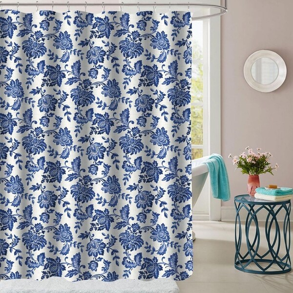 72 X 72 Bath Luxury Blue White Floral Motif Cotton Fabric Shower
