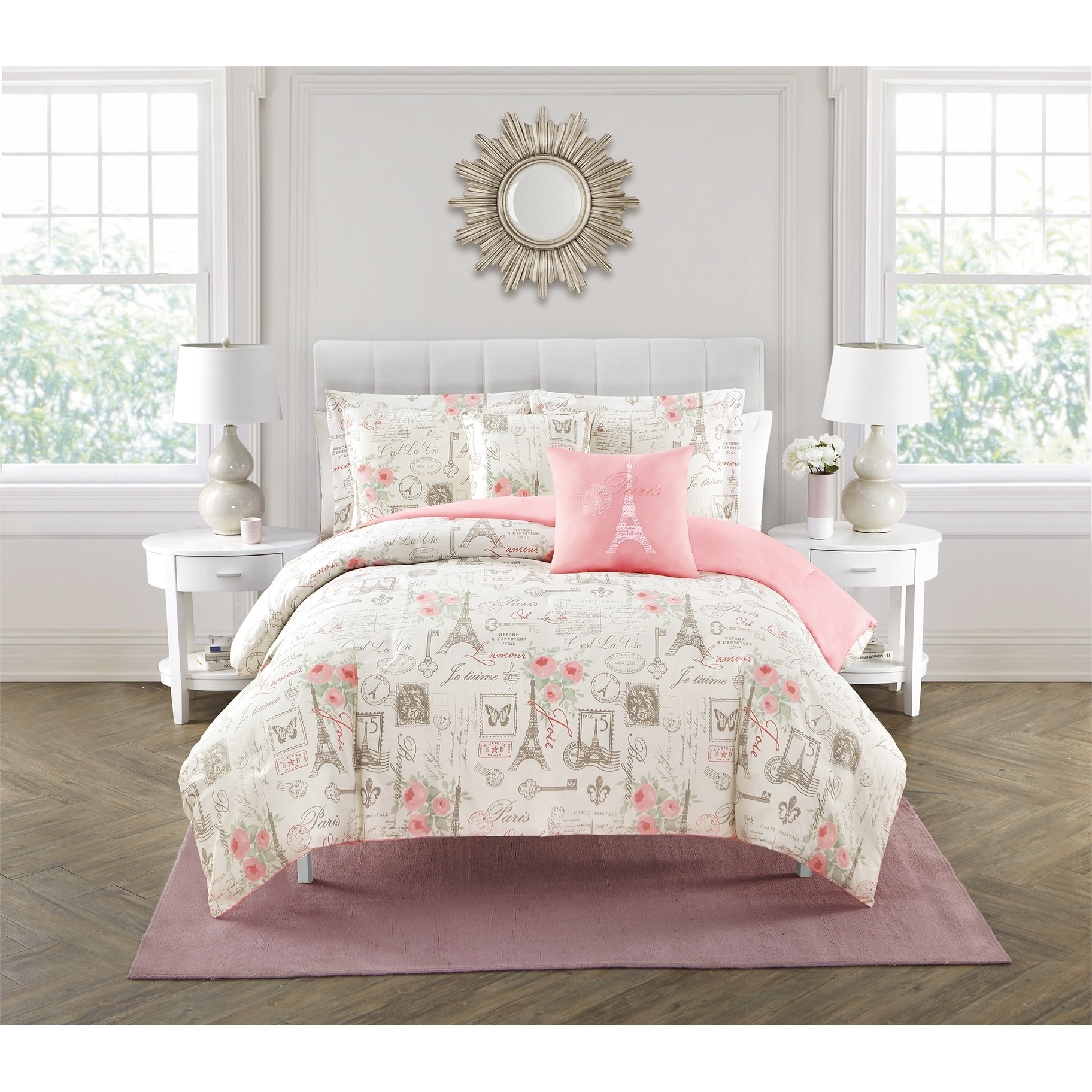 City Of Romance Pink Paris Themed 5 Piece Reversible Comforter Set