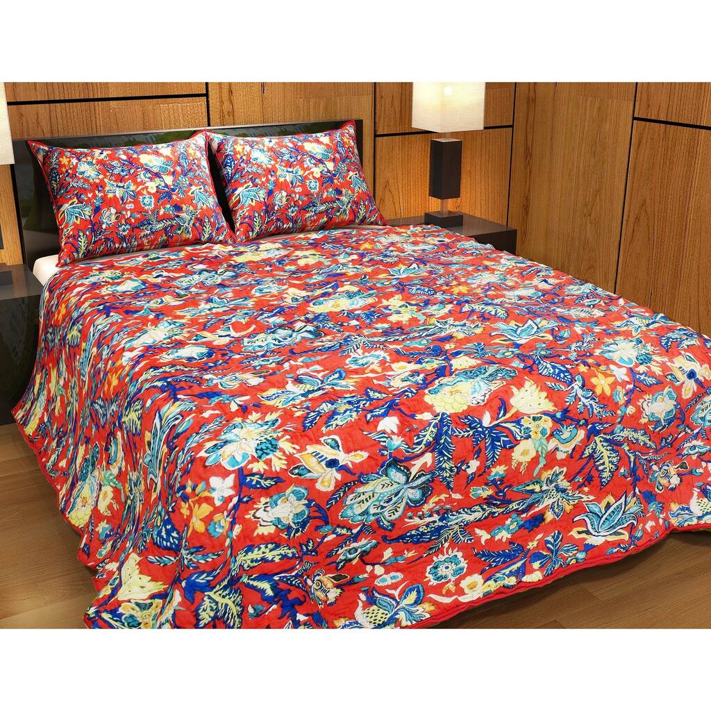 French Red Swathe Kantha Twin Quilt 65"W x 85"L