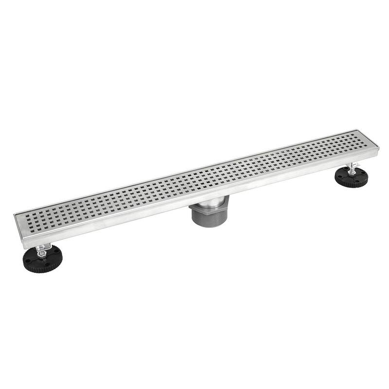 Shower Linear Drain 60 Inch Square Checker Pattern Grate Stainless Steel - w/Threaded Adaptor and Adjustable Leveling Feet