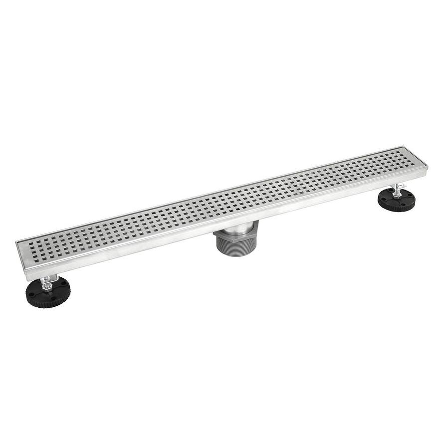 Shower Linear Drain 60 Inch Square Checker Pattern Grate Stainless Steel - w/Threaded Adaptor and Adjustable Leveling Feet