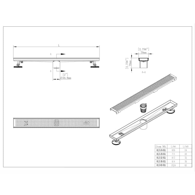 Shower Linear Drain 60 Inch Square Checker Pattern Grate Stainless Steel - w/Threaded Adaptor and Adjustable Leveling Feet
