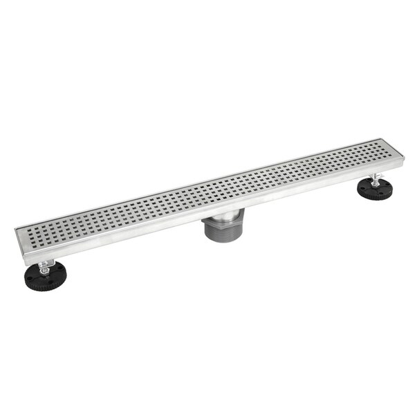 Shower Linear Drain 32 Inch Square Checker Pattern Grate Stainless Steel - w/Threaded Adaptor and Adjustable Leveling Feet