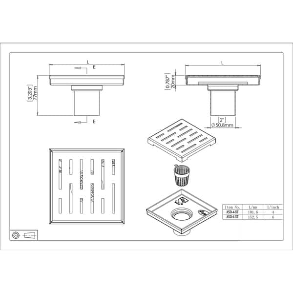 Shower Square Drain 4 inch - 2 in 1 Reversible Tile Insert & Flat Grate Brushed Stainless Steel Finish