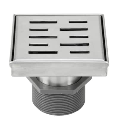 Shower Square Drain 4inch -Stripe Pattern Grate w/Threaded Adaptor and Adjustable Leveling Feet