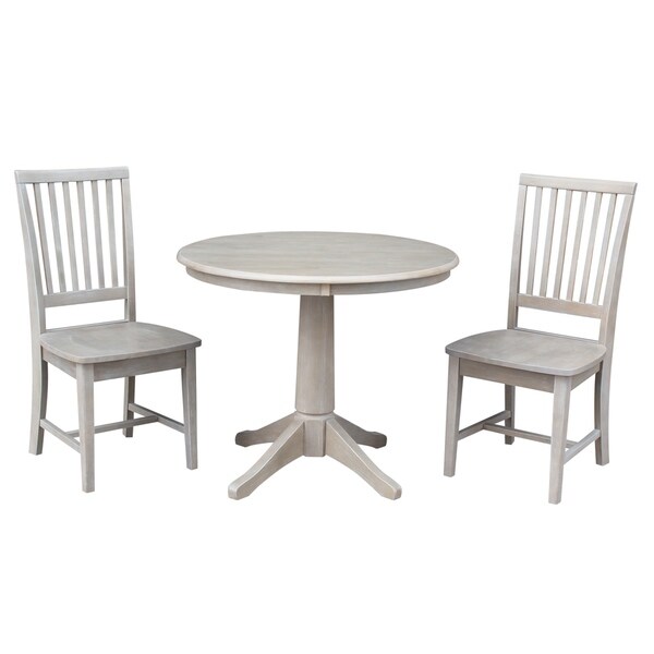 Solid Wood Pedestal Dining Table And 2 Mission Chairs In Washed Gray Taupe
