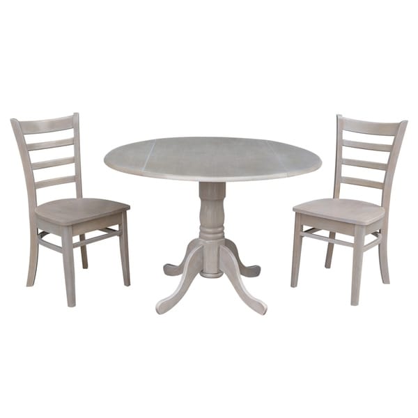 42 Inch Dual Drop Leaf Dining Table With Two Emily Side Chairs 42 Inch Dual Drop Leaf Dining Table With Two Emily Side Chairs In Washed Gray Taupe