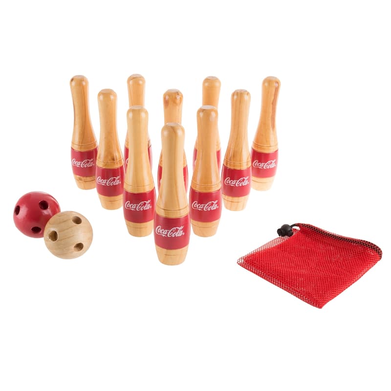 Coca Cola Lawn Bowling Game/Skittle Ball–10 Wooden Pins, 2 Balls, and Mesh Bag Set (8 Inch) - Red/White - Red