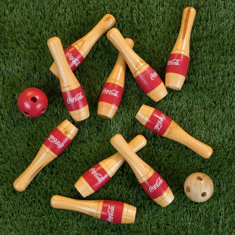 Coca Cola Lawn Bowling Game/Skittle Ball–10 Wooden Pins, 2 Balls, and Mesh Bag Set (8 Inch) - Red/White - Red