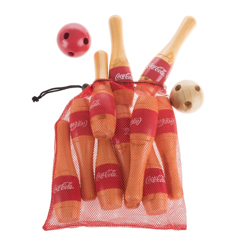 Coca Cola Lawn Bowling Game/Skittle Ball–10 Wooden Pins, 2 Balls, and Mesh Bag Set (8 Inch) - Red/White - Red