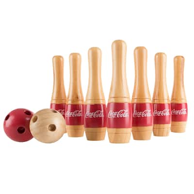 Coca Cola Lawn Bowling Game/Skittle Ball–10 Wooden Pins, 2 Balls, and Mesh Bag Set (8 Inch) - Red/White - Red