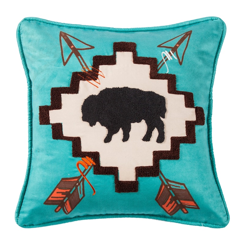 HiEnd Accents Large Bufflo Pillow with Embridery Details, 18x18