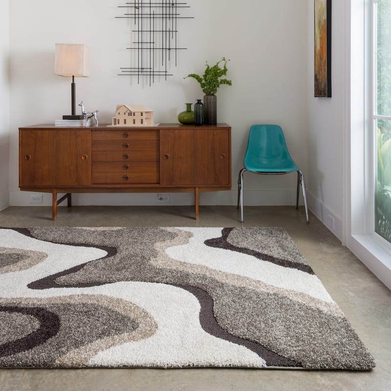 Carson Carrington Drammen Modern Abstract Waves Shag Area Rug - 9' x 12' - Multi - Runner/Rectangle