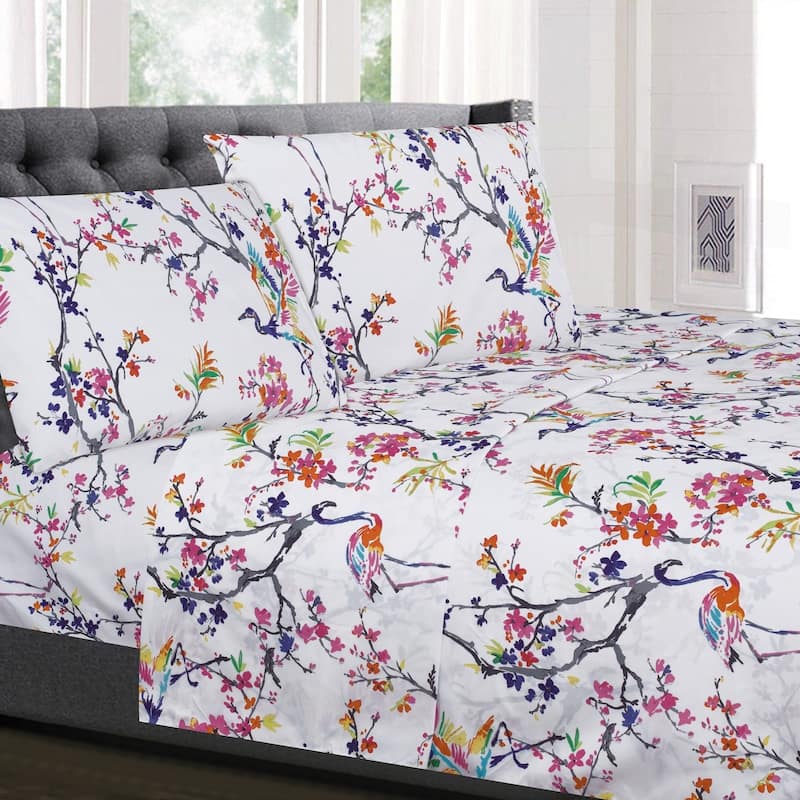 Botanical 4-Piece Patterned Deep Pocket Bed Sheet Set - Full - 4 Piece - Blue