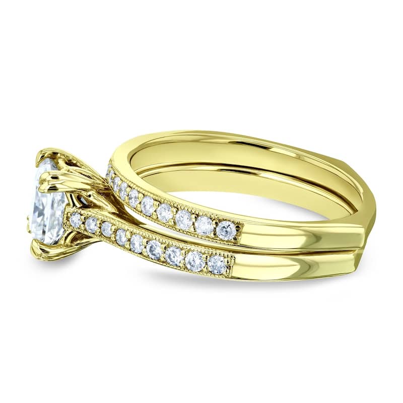 Annello by Kobelli 14k Gold 1 1/3ct TGW Princess Moissanite and Diamond Square Shank Trellis Wedding Rings (GH/VS, GH/I)