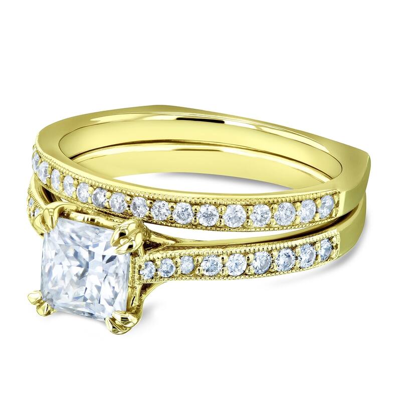 Annello by Kobelli 14k Gold 1 1/3ct TGW Princess Moissanite and Diamond Square Shank Trellis Wedding Rings (GH/VS, GH/I)
