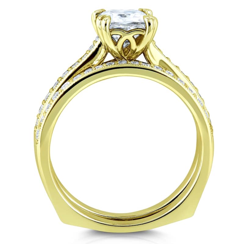 Annello by Kobelli 14k Gold 1 1/3ct TGW Princess Moissanite and Diamond Square Shank Trellis Wedding Rings (GH/VS, GH/I)