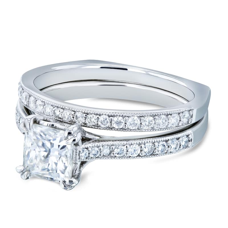 Annello by Kobelli 14k Gold 1 1/3ct TGW Princess Moissanite and Diamond Square Shank Trellis Wedding Rings (GH/VS, GH/I)