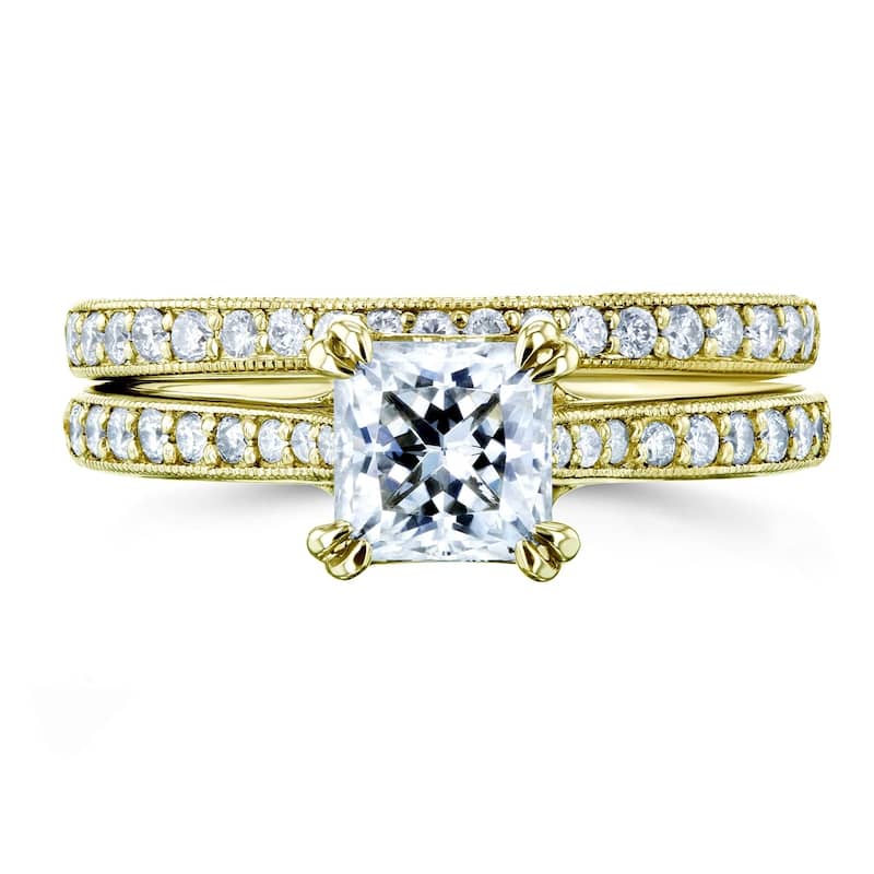 Annello by Kobelli 14k Gold 1 1/3ct TGW Princess Moissanite and Diamond Square Shank Trellis Wedding Rings (GH/VS, GH/I)