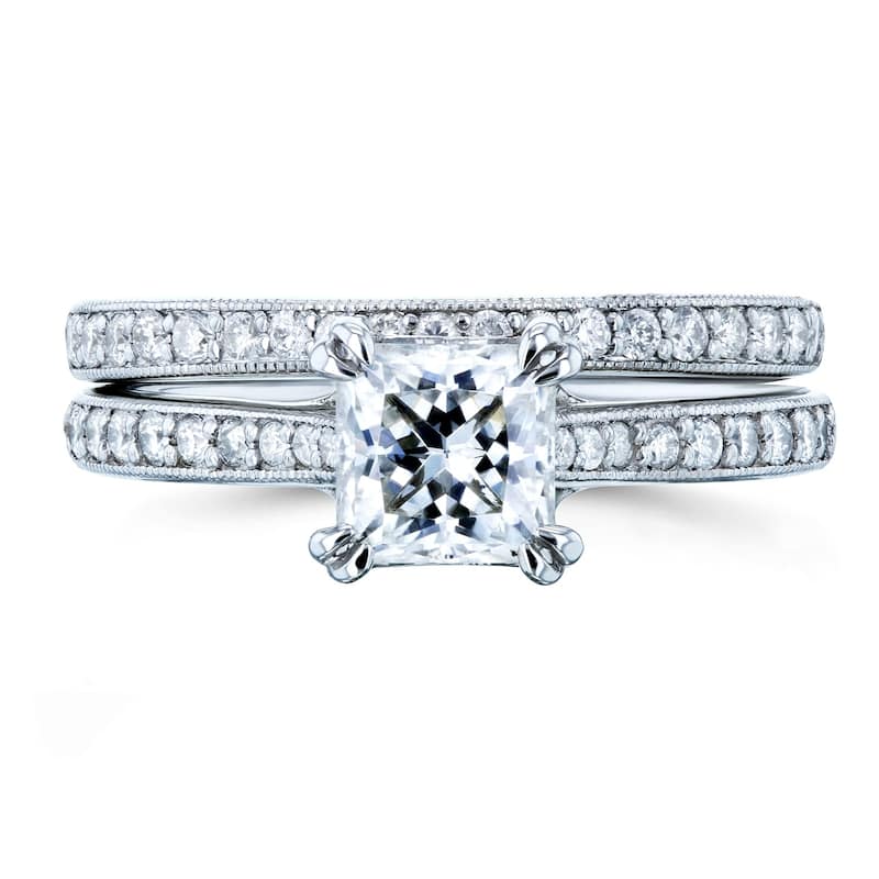 Annello by Kobelli 14k Gold 1 1/3ct TGW Princess Moissanite and Diamond Square Shank Trellis Wedding Rings (GH/VS, GH/I)