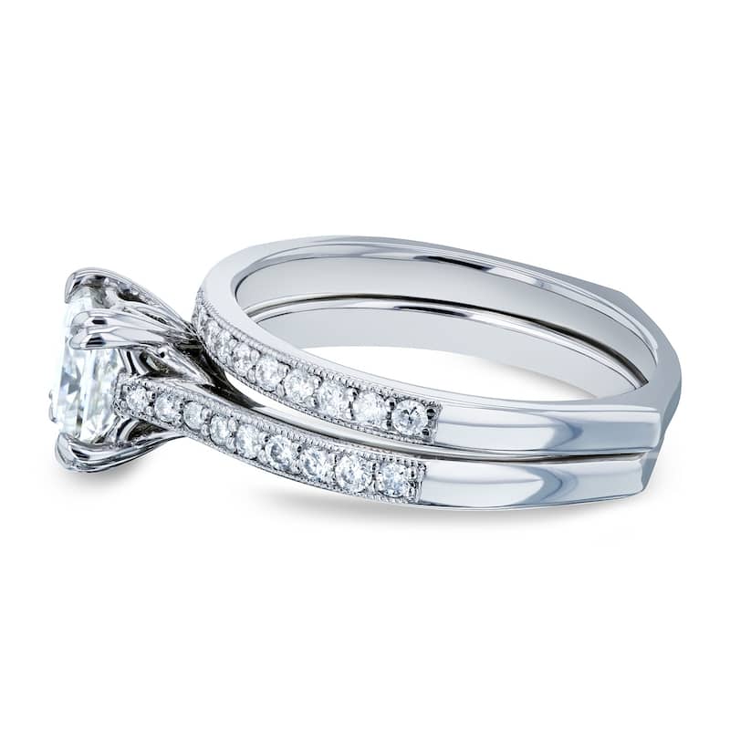 Annello by Kobelli 14k Gold 1 1/3ct TGW Princess Moissanite and Diamond Square Shank Trellis Wedding Rings (GH/VS, GH/I)