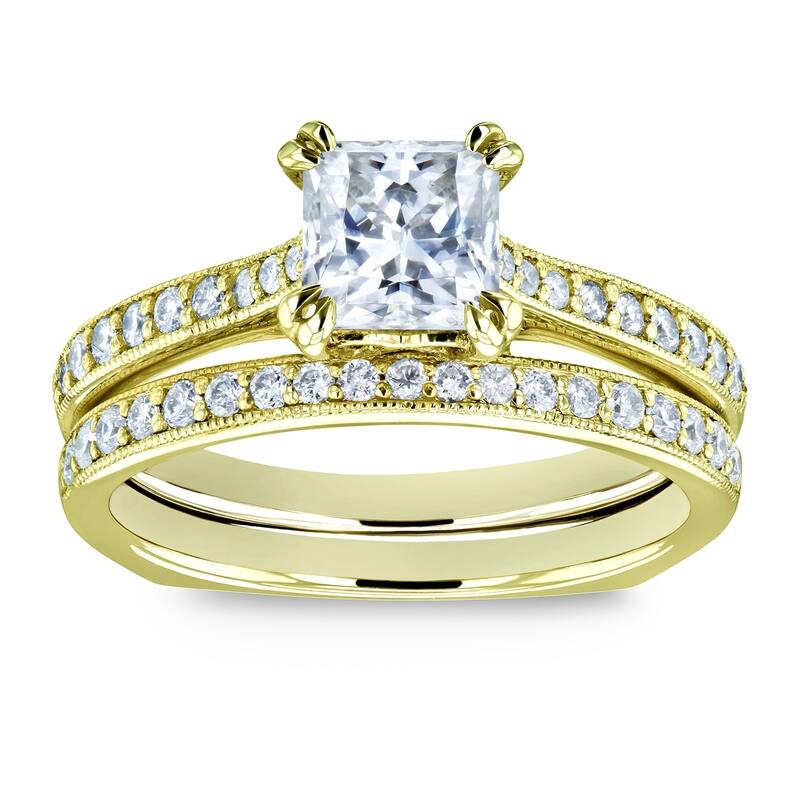 Annello by Kobelli 14k Gold 1 1/3ct TGW Princess Moissanite and Diamond Square Shank Trellis Wedding Rings (GH/VS, GH/I)