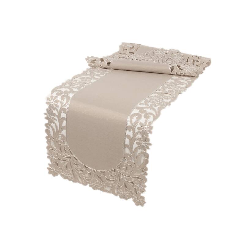 Florence Floral Cutwork Trimed Edge Table Runner, 16 by 36-Inch, Taupe