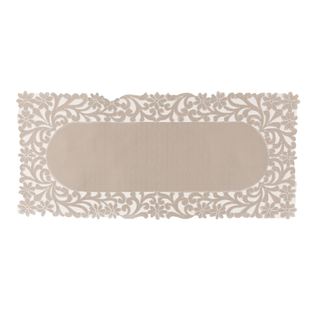 Florence Floral Cutwork Trimed Edge Table Runner, 16 by 36-Inch, Taupe