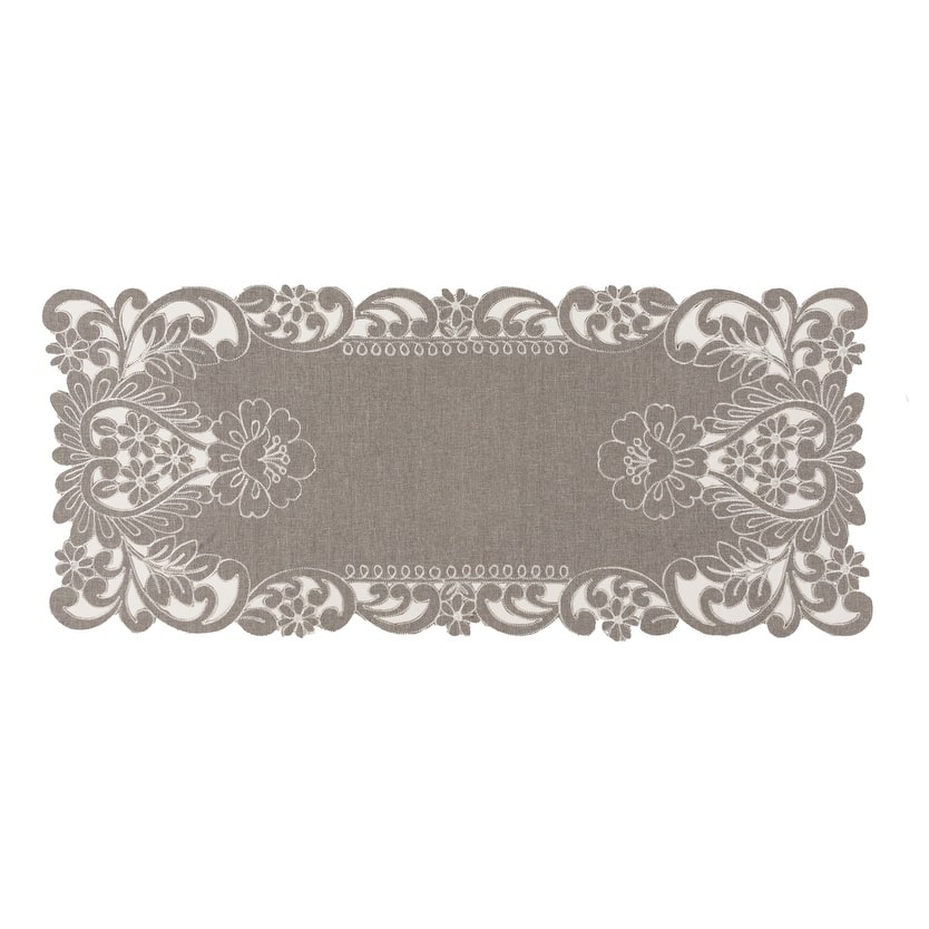 Claire Floral Embroidered Cutwork Table Runner, 16 by 36-Inch, Grey