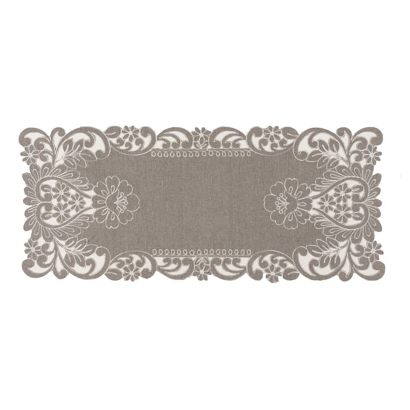 Claire Floral Embroidered Cutwork Table Runner, 16 by 36-Inch, Grey