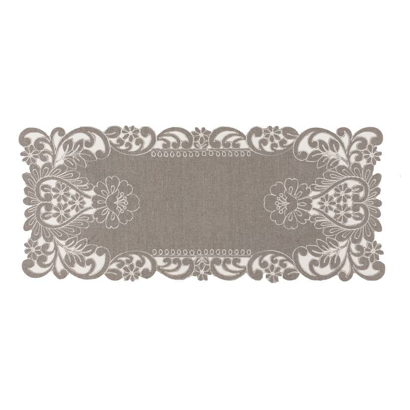 Claire Floral Embroidered Cutwork Table Runner, 16 by 36-Inch, Grey