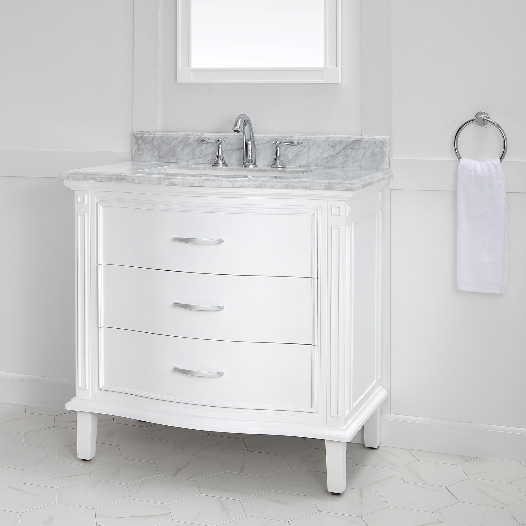Mira 36 In X 22 Single Vanity Carrara Marble Top White Ceramic Basin Mira 36 In X 22 Single Vanity Carrara Marble Top White Ceramic Basin