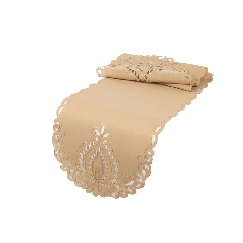 Wilshire Embroidered Cutwork Table Runner, 16 by 36-Inch, Beige