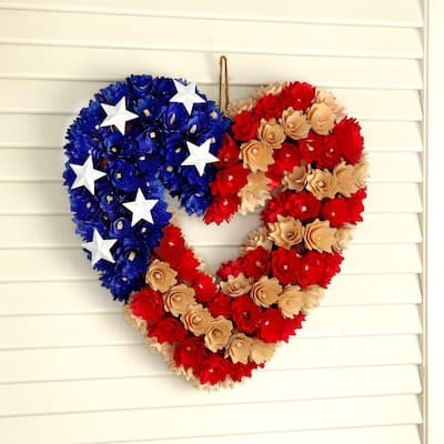 13 Inch WoodShave Heart Shaped Independence Wreath