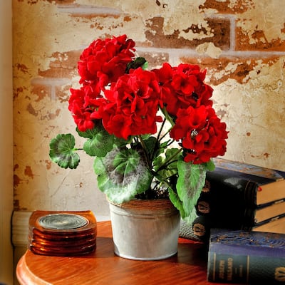 12 Inch Potted Artificial Geranium in Tin Base