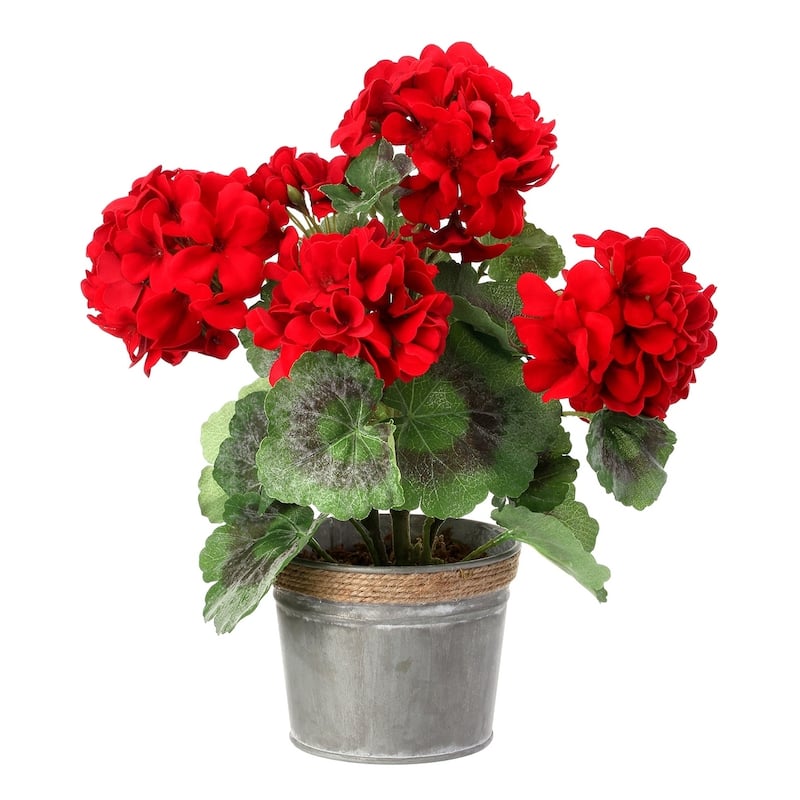 12 Inch Potted Artificial Geranium in Tin Base