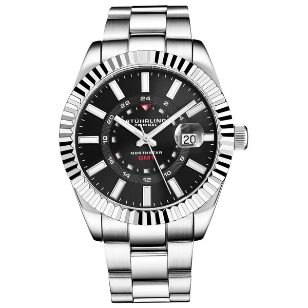 Stuhrling Original Men's Stainless Steel "NORTHSTAR" GMT Watch, Swiss Quartz, Dual Time, Quickset Date, Fluted Bezel. Opens flyout.