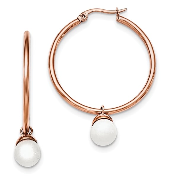 Versil Stainless Steel Polished Rose Ip Plated White Jade Hoop Versil Stainless Steel Polished Rose Ip Plated White Jade Hoop Earrings