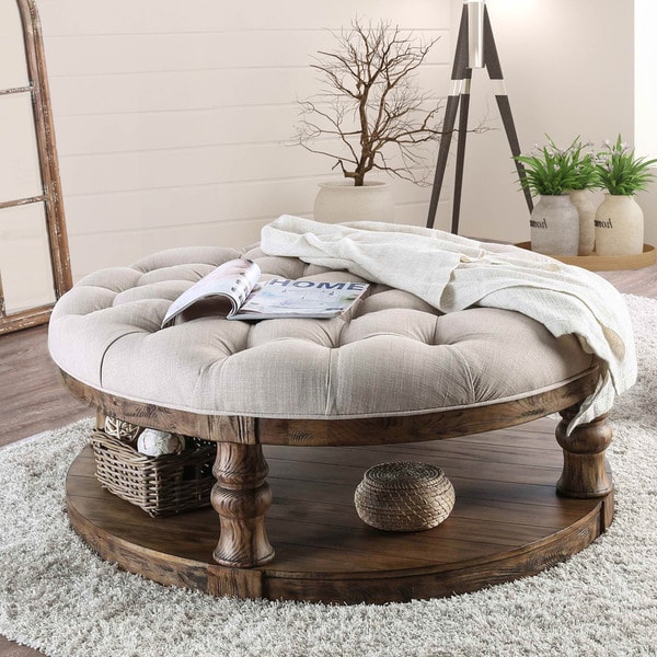 Furniture of America Bae Rustic Linen Fabric Tufted Coffee Table