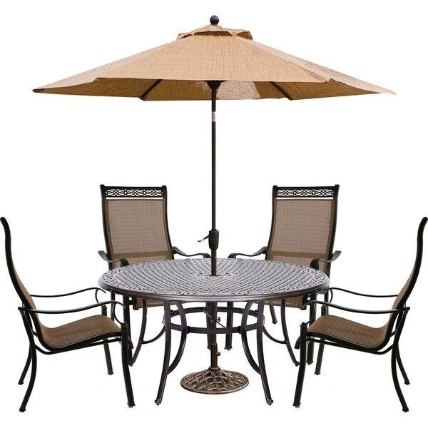 Hanover Manor 5-Piece Outdoor Dining Set with Contoured Dining Chairs, Cast-Top Table, and Umbrella and Stand