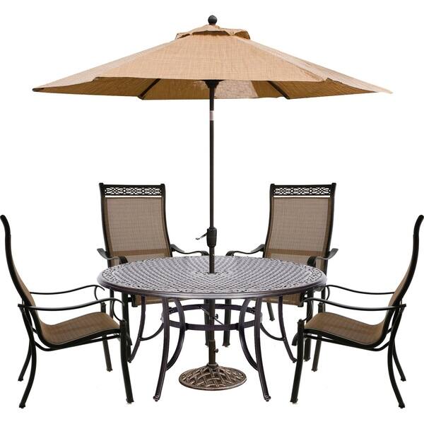 Shop Hanover Manor 5 Piece Outdoor Dining Set With Contoured Dining Chairs Cast Top Table And Umbrella And Stand Overstock 20740425