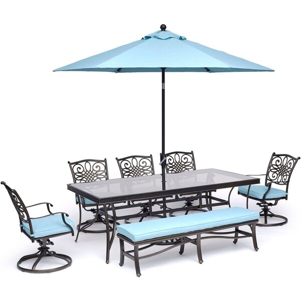 Hanover Traditions 7-Piece Dining Set in Blue with Swivel Rockers, Bench, Glass-Top Table, and Umbrella with Stand