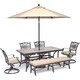preview thumbnail 1 of 13, Hanover Monaco 6-Piece Dining Set in Tan with Swivel Rockers, Bench, Tile-Top Table, and Umbrella with Stand