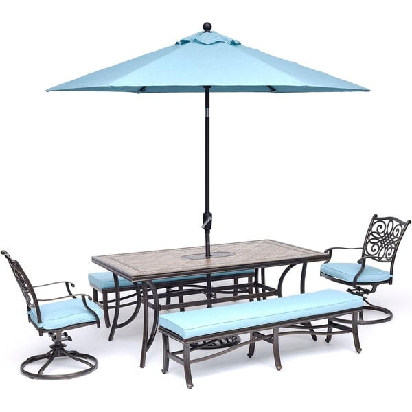 Shop Hanover Monaco 5 Piece Dining Set In Blue With Swivel Rockers Benches Tile Top Table And Umbrella With Stand Overstock 20740644