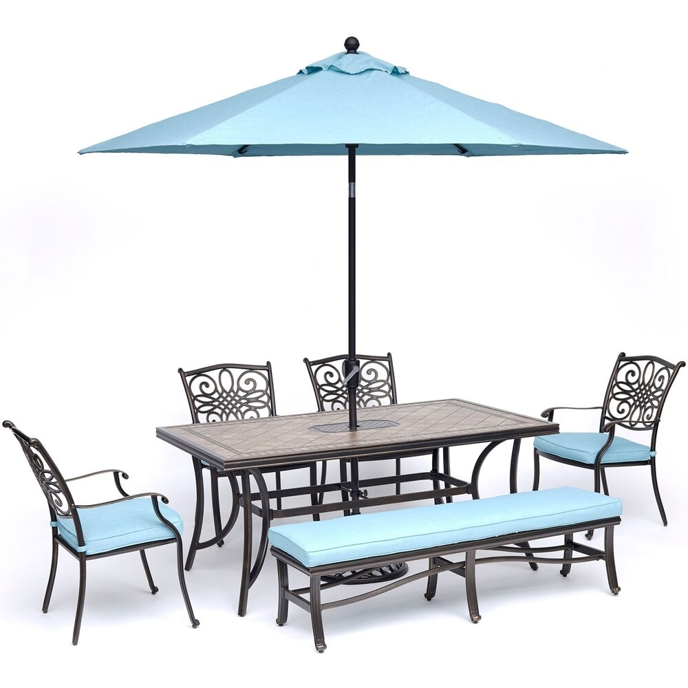 Hanoverhanover Monaco 6 Piece Dining Set In Blue With Arm Chairs Bench Tile Top Table And Umbrella With Stand Dailymail