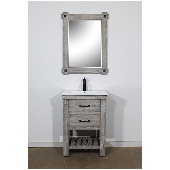 24 Rustic Solid Fir Vanity With Ceramic Single Sink In Grey Driftwood Finish No Faucet